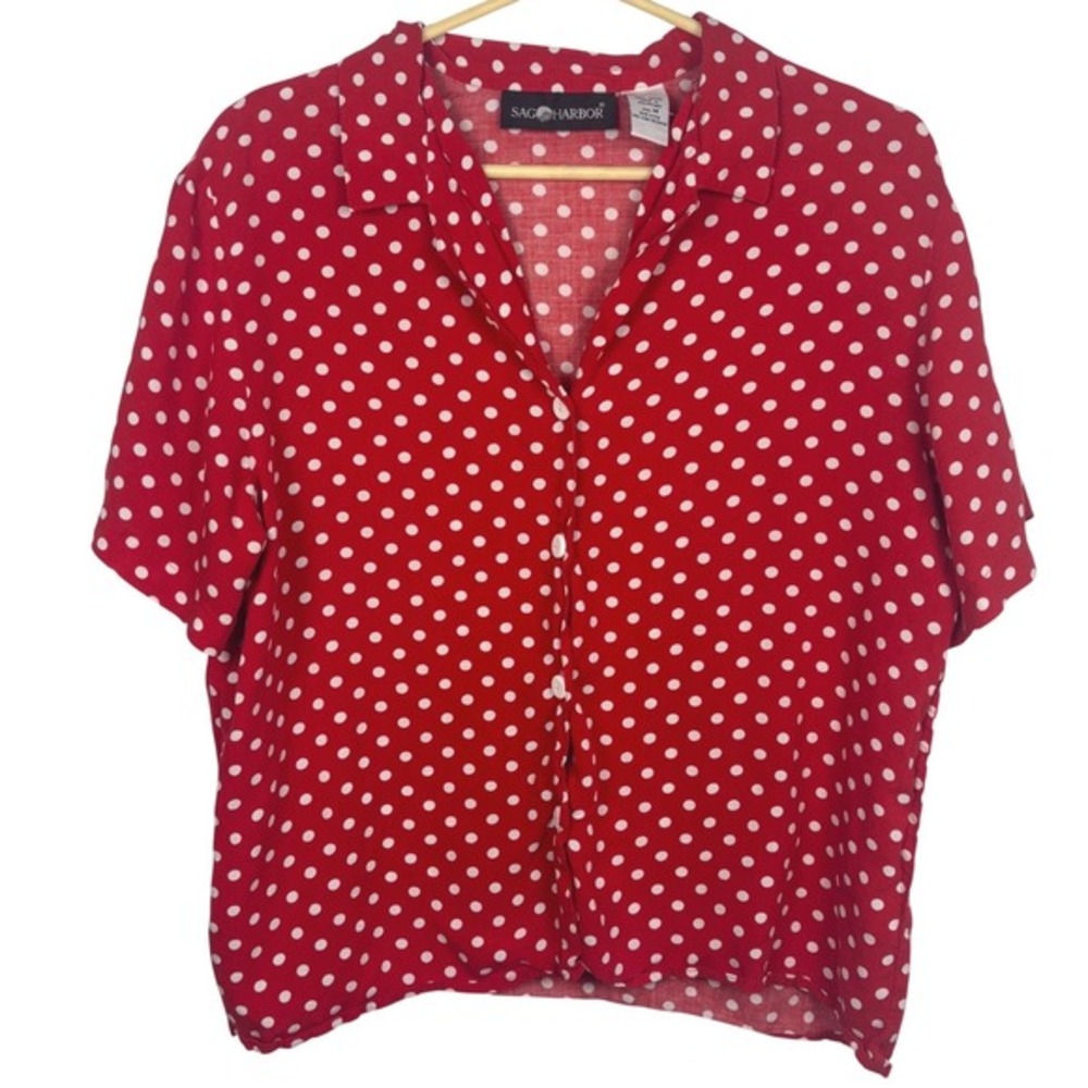 Vintage Women's‎ Red White Polka Dot Short Sleeve Button Up Shirt Size M